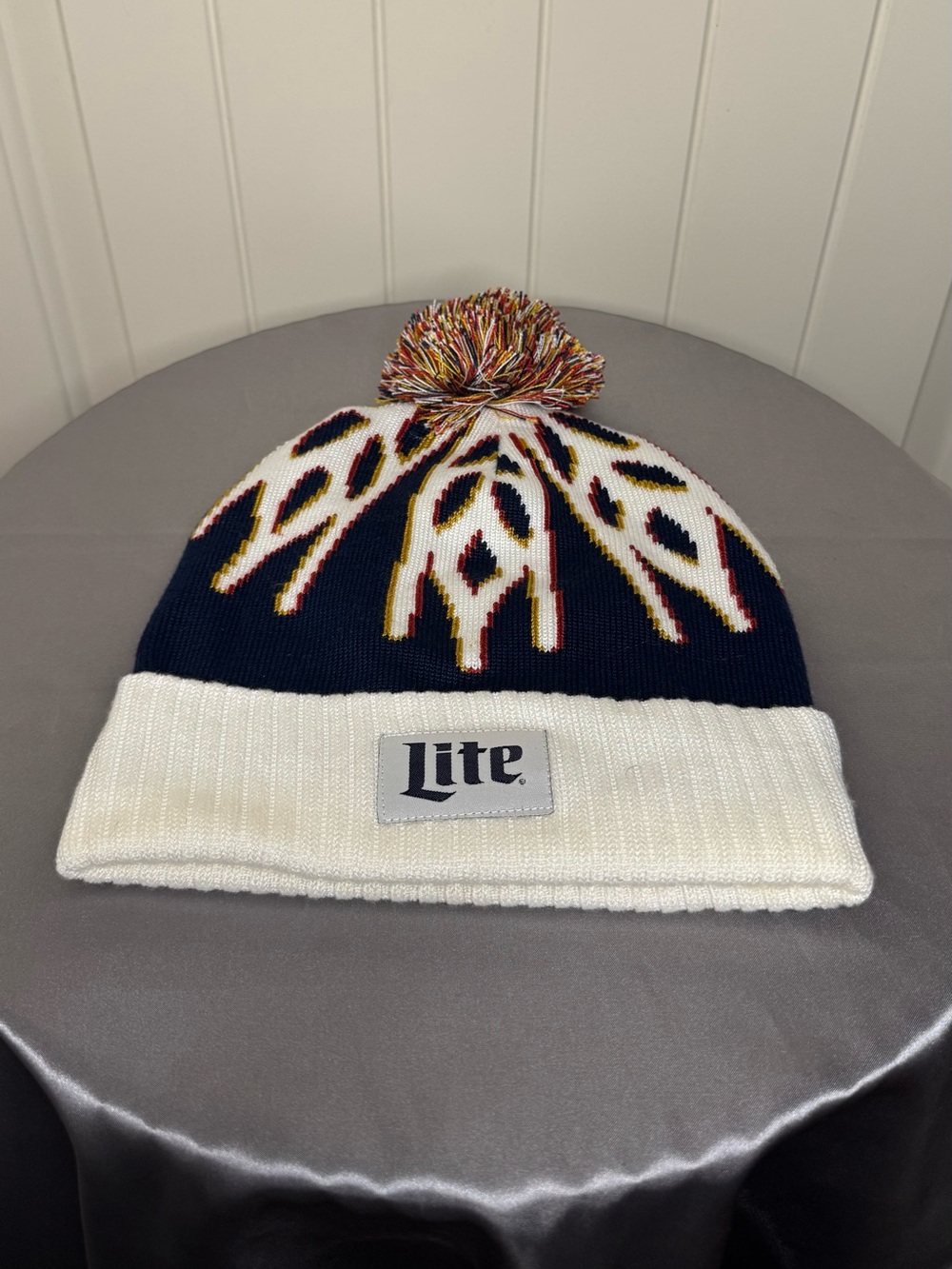 Miller Lite Beer Snowflake Knit Winter Pom Beanie Hat OSFM Navy White